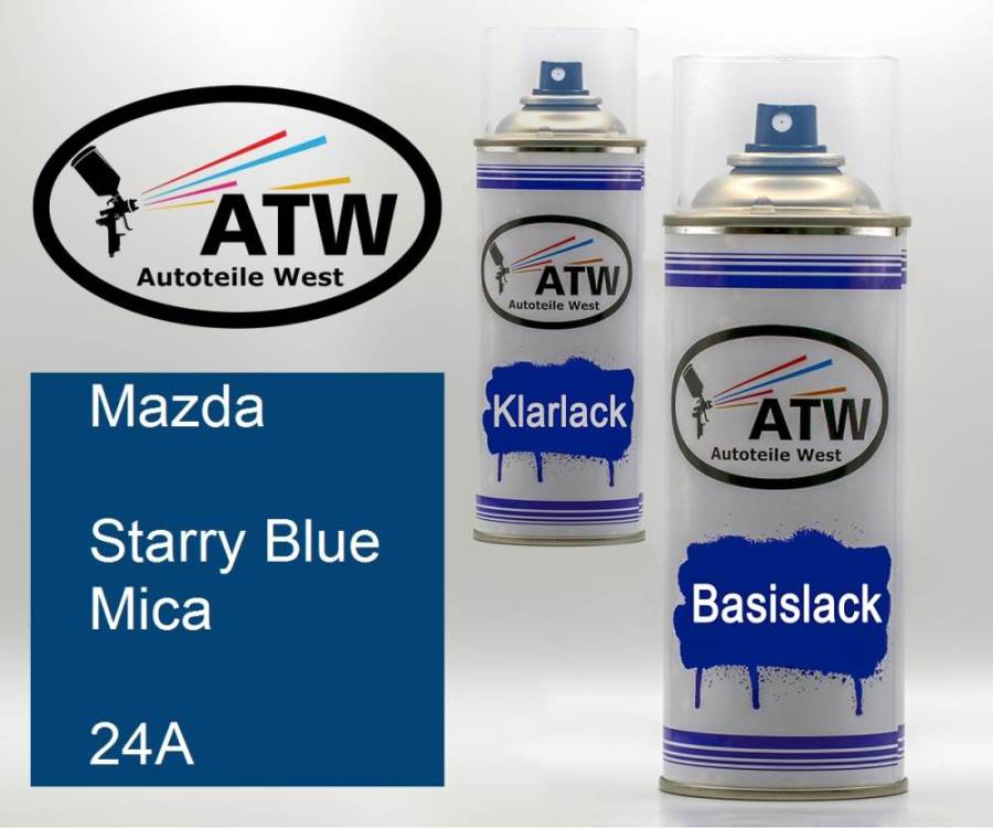 Mazda, Starry Blue Mica, 24A: 400ml Sprühdose + 400ml Klarlack - Set, von ATW Autoteile West.